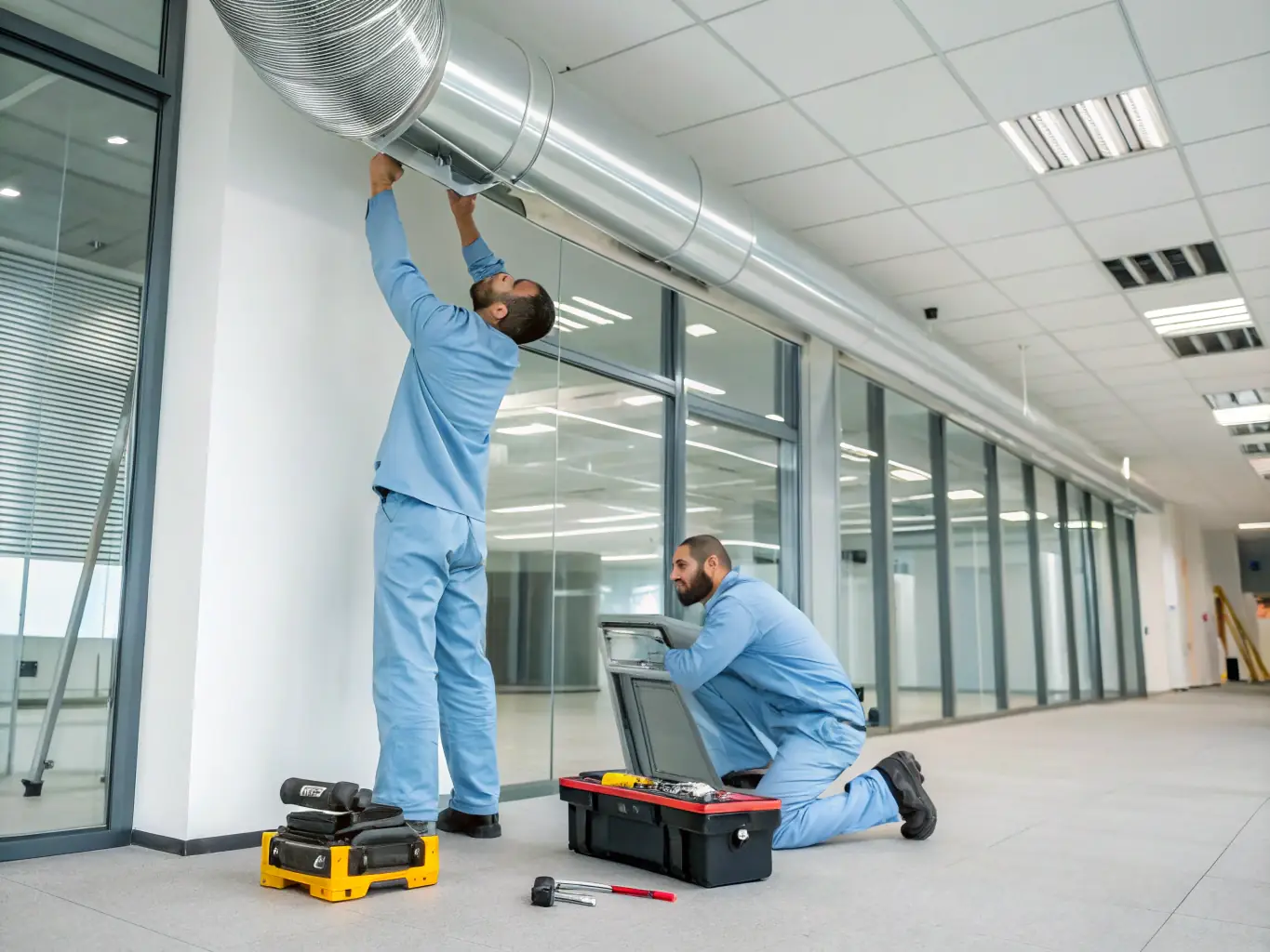 Technicians working on ductwork in a home, ensuring proper insulation and airflow for optimal HVAC performance.