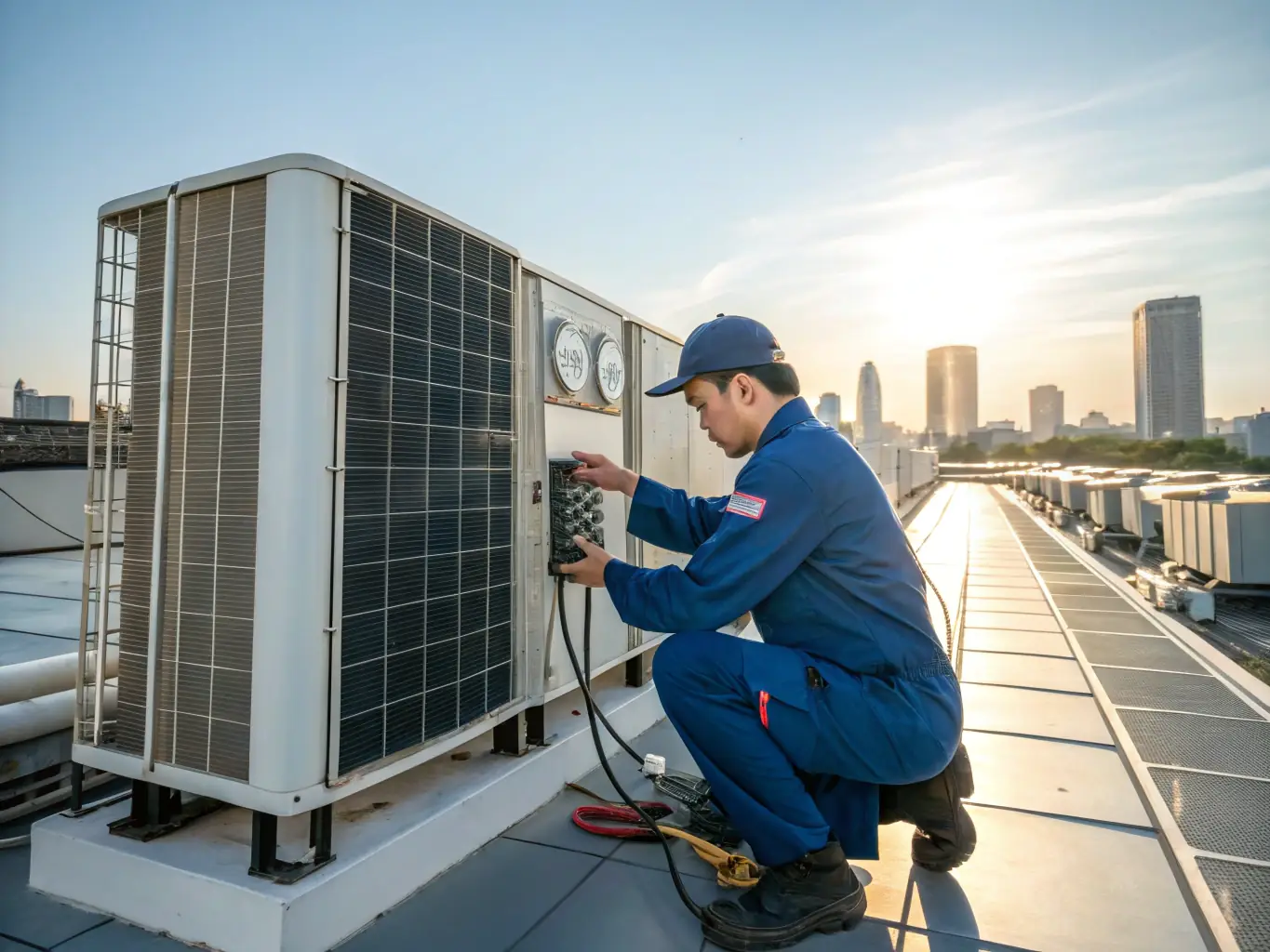A commercial HVAC unit being serviced on the rooftop of a business in Topeka, KS, highlighting the importance of regular maintenance.